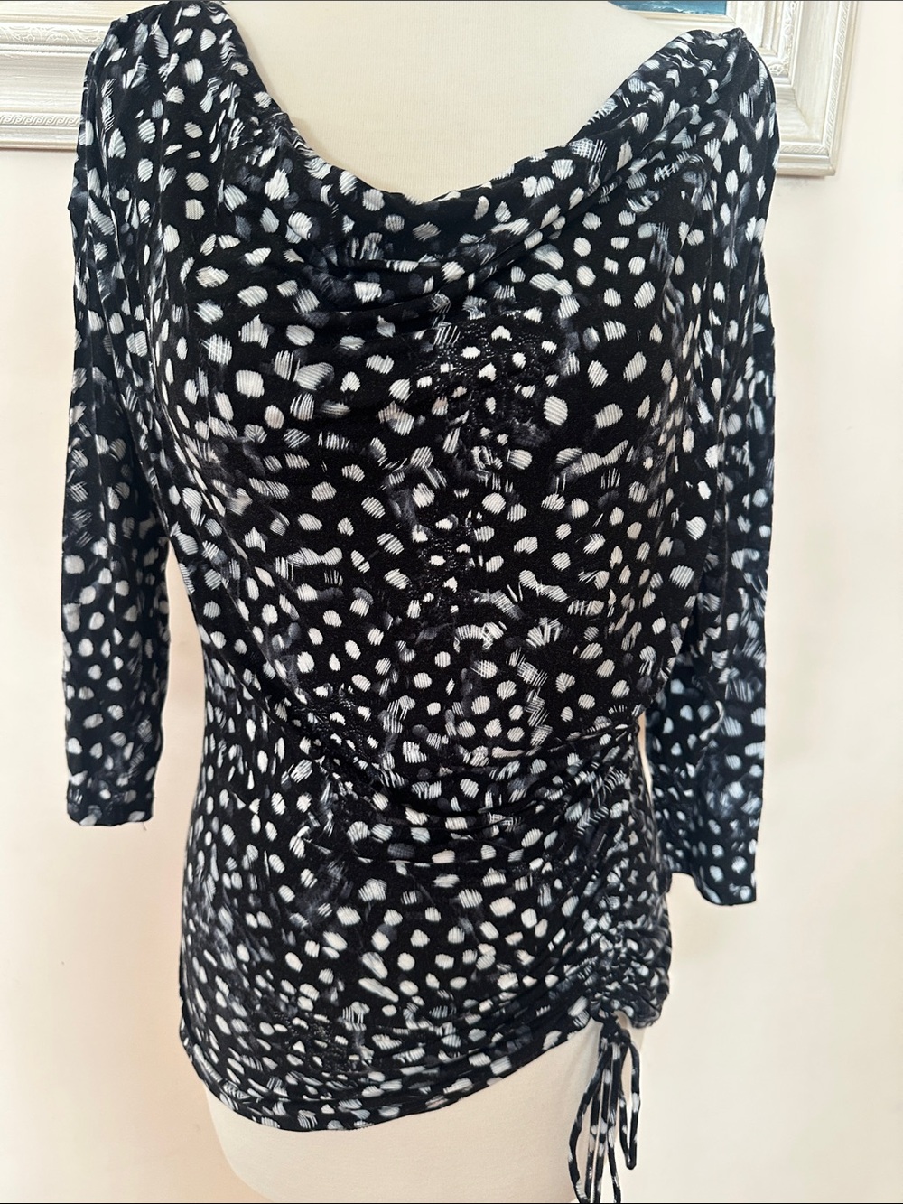 Michael Kors Black & White Dot-Print Long Sleeve Ruched Top